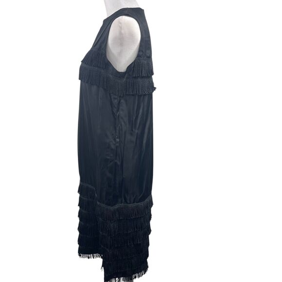 VTG 60s Black Satin Fringe Flapper Dress Size M Handmade Disco Hippy Whimsigoth - Picture 4 of 8
